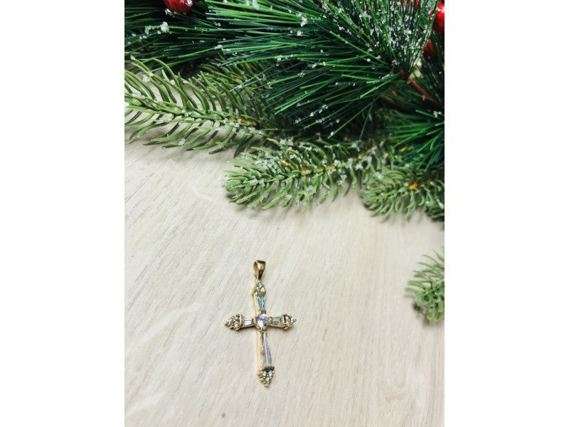 925 Sterling Silver Gold Plated Blue CZ Cross Pendant
