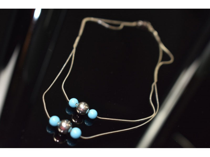 925 Sterling Silver Turquoise Imitation Necklace From two Chains Italy