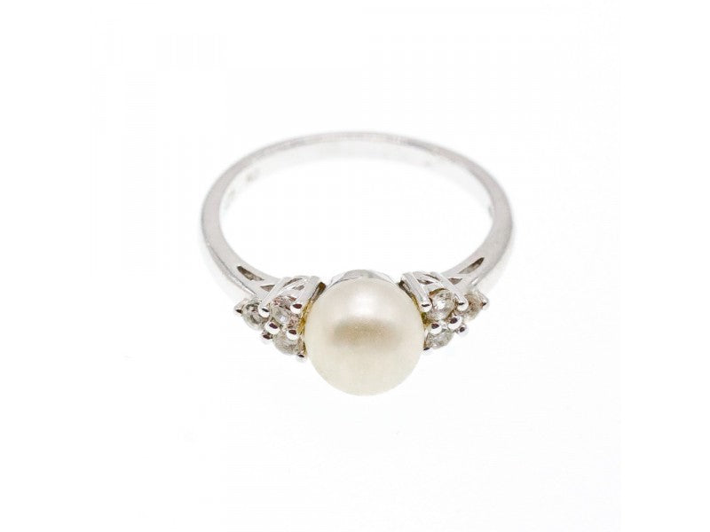 925 Sterling Silver Pearl & CZ Ring Size 7