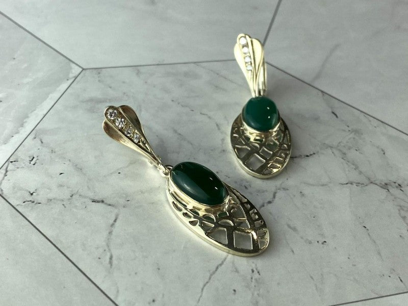 Vintage 925 Sterling Silver Green Agate & CZ Earrings