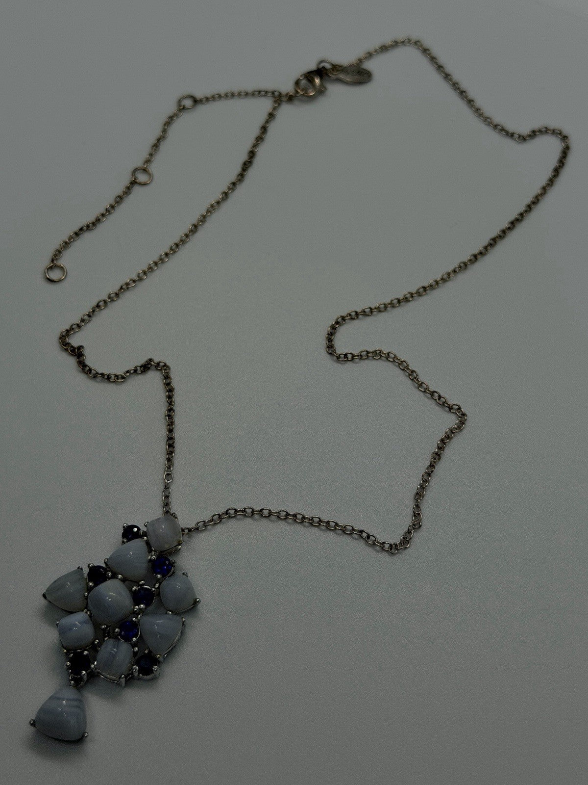925 Sterling Silver Blue Lace Agate & Blue Sapphire Statement Pendant Necklace
