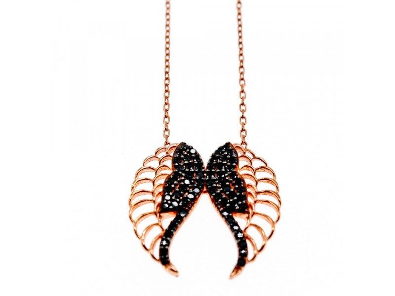 925 Sterling Silver Gold Plated Black CZ "Angel's Wings" Necklace