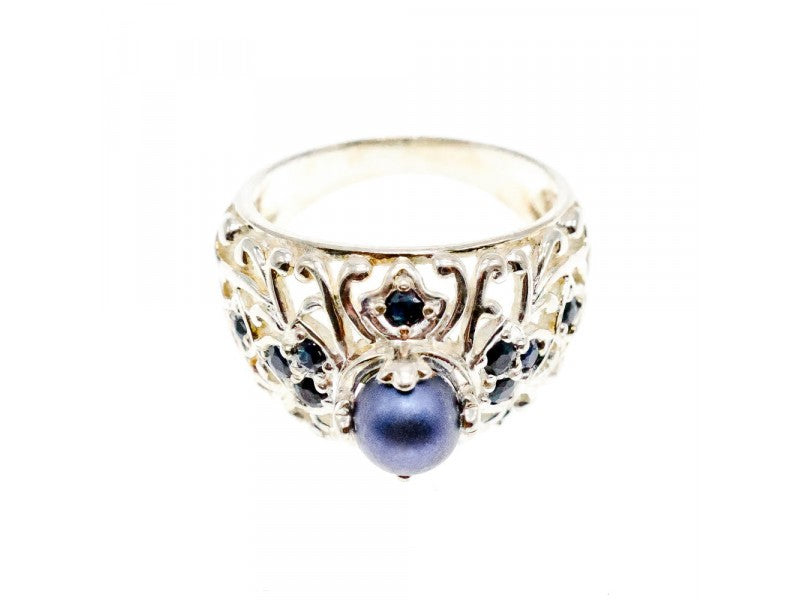 925 Sterling Silver Pearl & Sapphires Ring Size 6.75