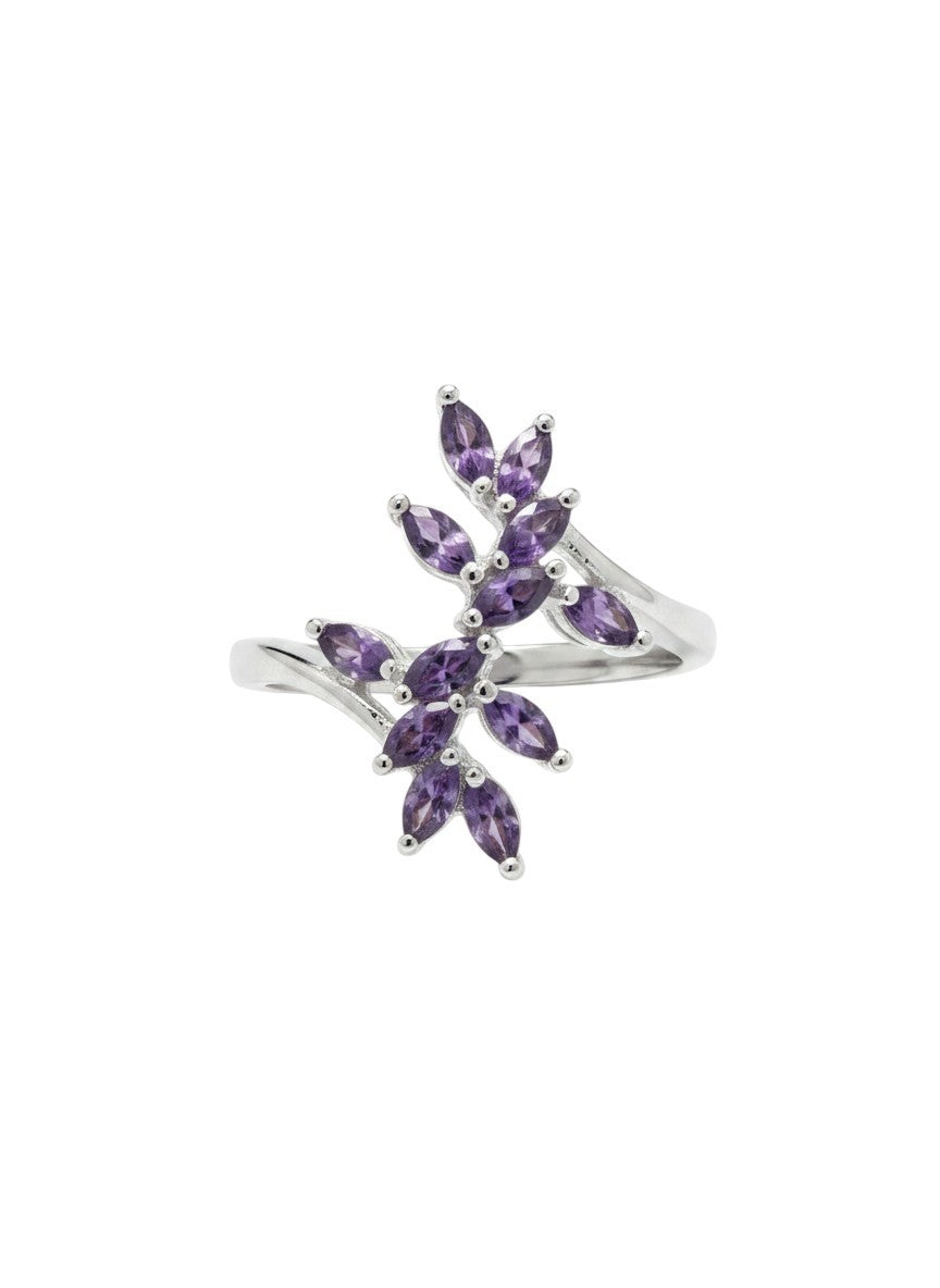 925 Sterling Silver Purple Amethyst Flower Ring Adjustable