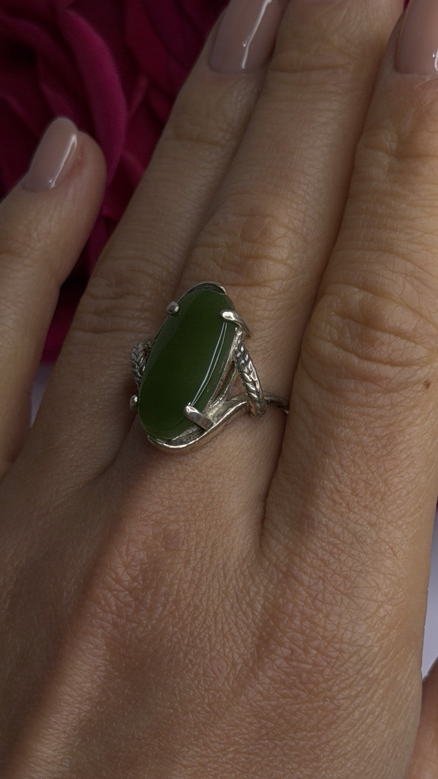925 Sterling Silver Green Jade Ring Size 8