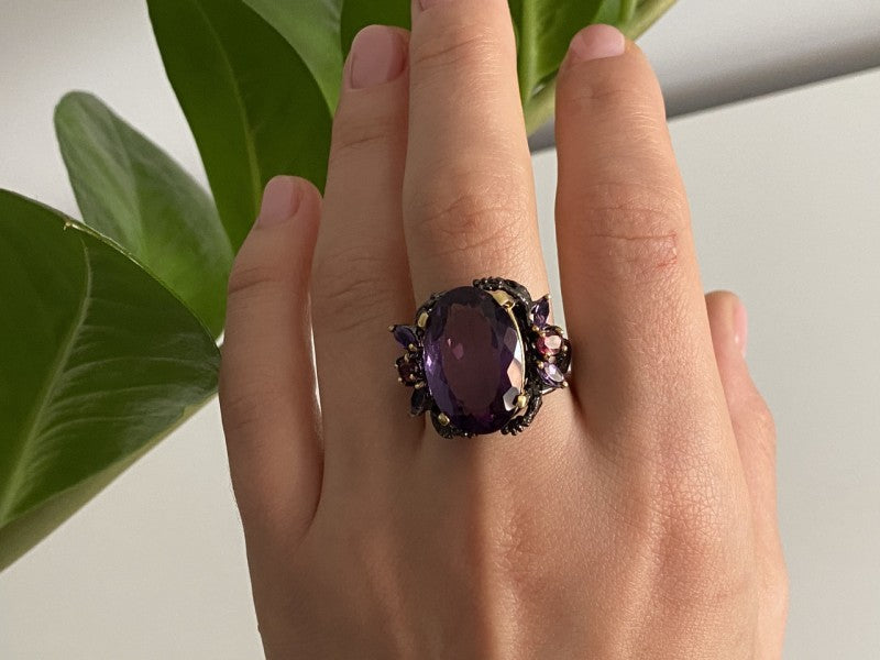 Blackened 925 Sterling Silver With Gilding Amethyst Ring Size 9