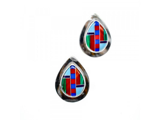 Vintage 925 Sterling Silver Agate Mosaic Stud Earrings