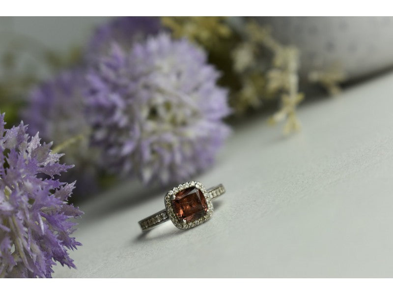 925 Sterling Silver Hessonite & CZ Ring Size 8