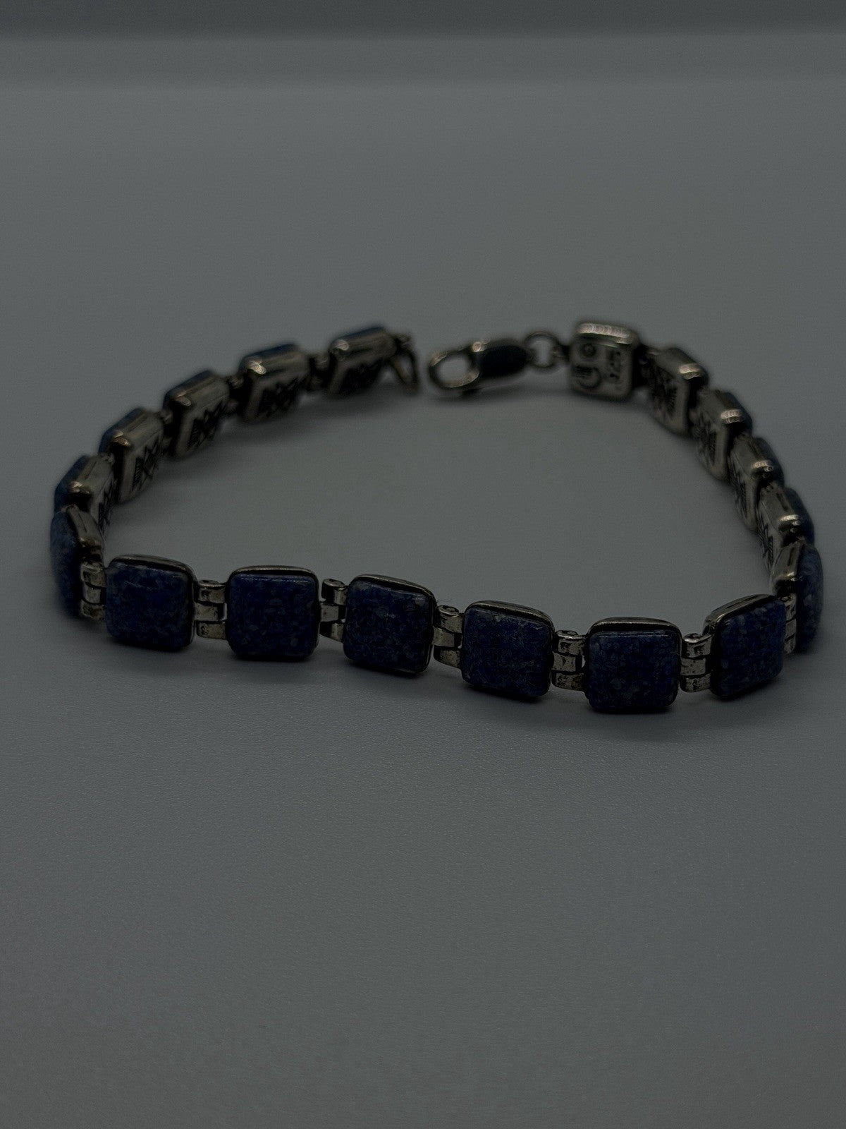 Geometric Southwestern 925 Sterling Silver Lapis Lazuli Square Link Bracelet 7.5