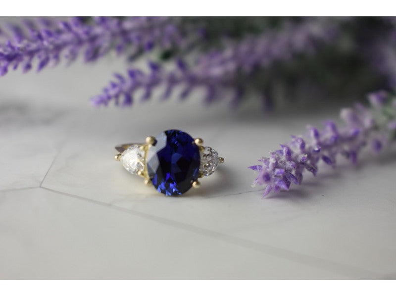 925 Sterling Silver Sapphire & CZ Ring Size 5.5