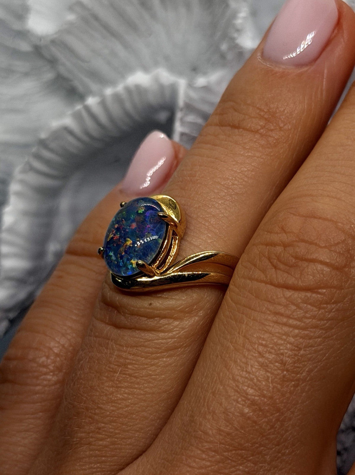 925 Sterling Silver Gold Plated Blue Opal Oval Ring Size 6