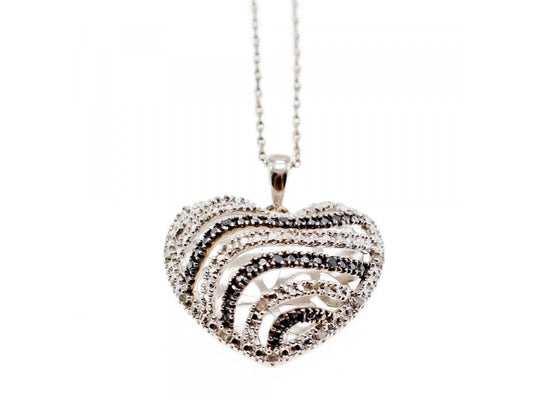 925 Sterling Silver White & Black CZ Heart Chain With Pendant