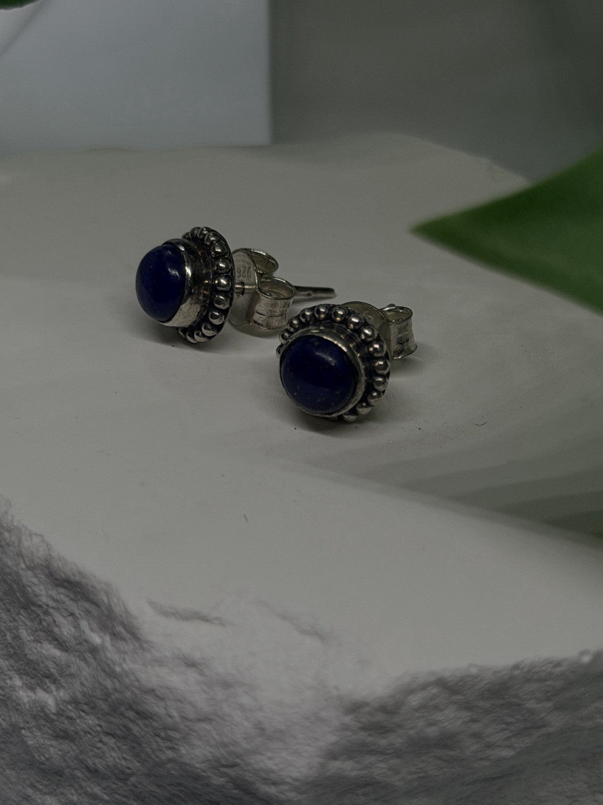 925 Sterling Silver Round Lapis Lazuli Stud Halo Earrings