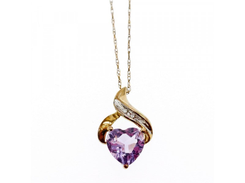 10 K Yellow Gold Amethyst & Diamond "Heart" Chain With Pendant