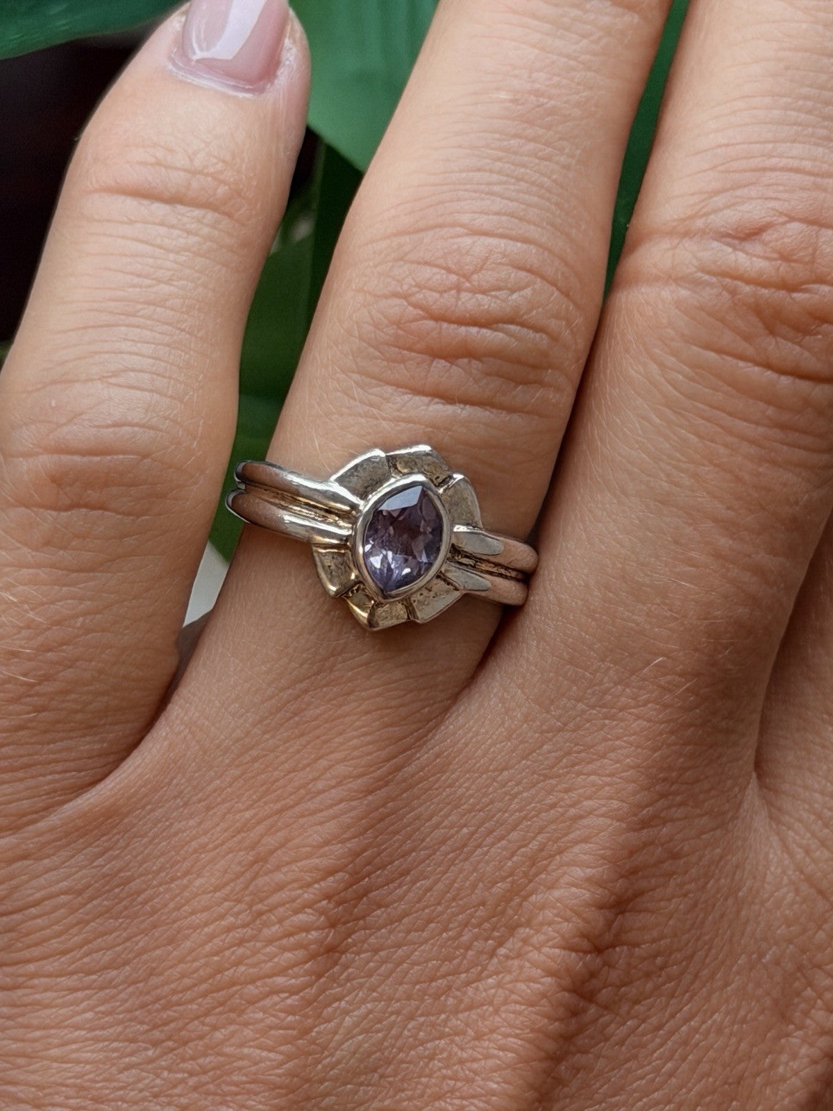 925 Sterling Silver Marquise Cut Art Deco Purple Amethyst Ring Size 8