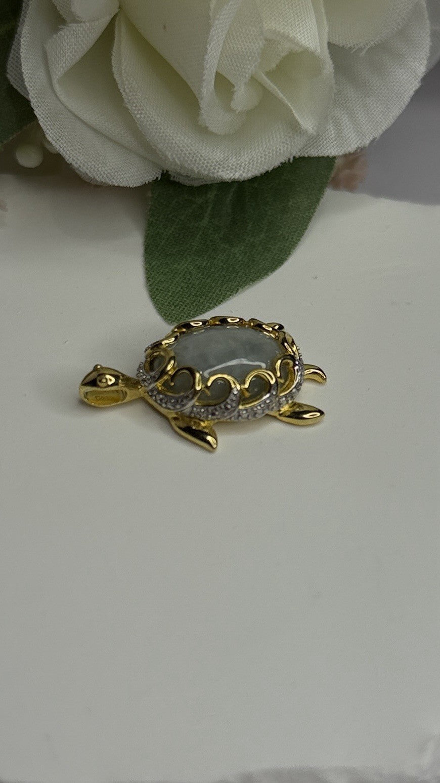 925 Sterling Silver Gold Plated Turtle Green Jade Pendant