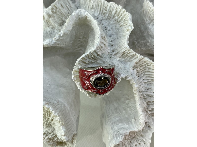 925 Sterling Silver Hessonite & Red Enamel Ring Size 9.5