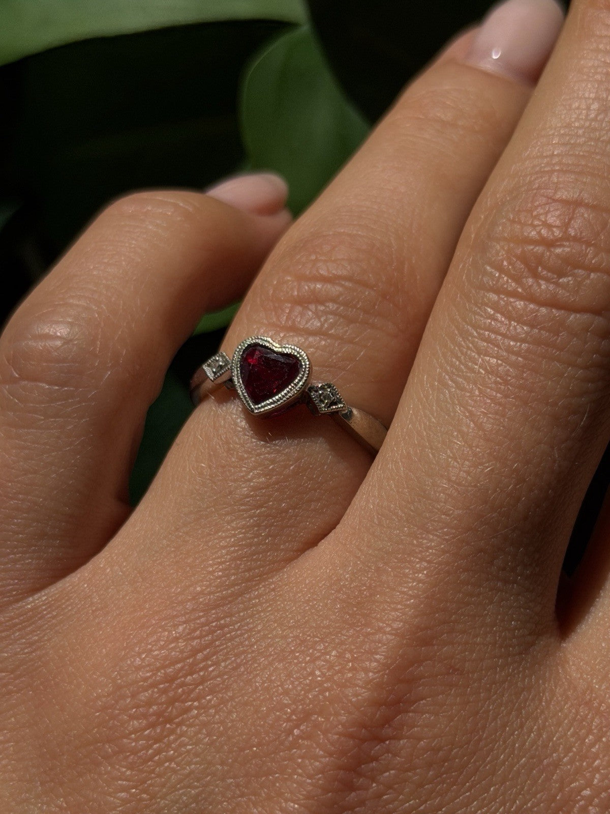 Romantic 10K White Gold Ruby & Diamonds Heart Ring Size 6.5
