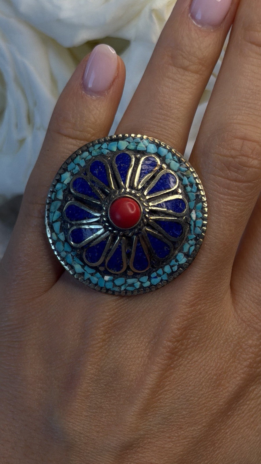 Large Southwestern 925 Sterling Silver Turquoise Coral Lapis Ring Size 7.5