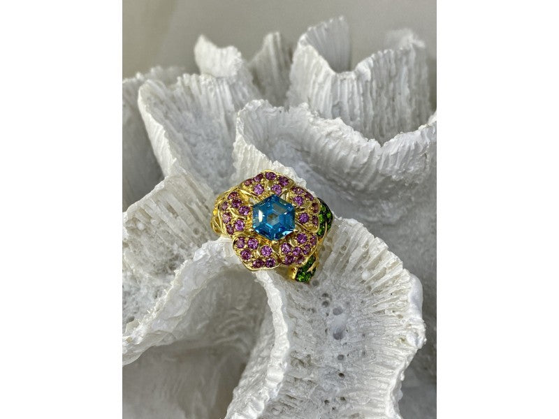 925 Sterling Silver Gold Plated Topaz, Peridot & Spinel "Flower" Ring Size 7.5