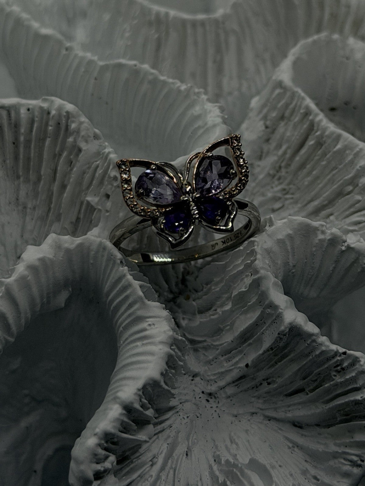 Butterfly 925 Sterling Silver 10K Rose Gold Amethyst  Iolite  Beryl Ring Size 7