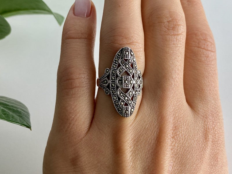 925 Sterling Silver Marcasites Ring Size 6.5