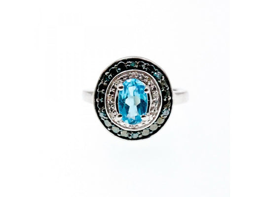 925 Sterling Silver Aquamarine & Spinel Ring Size 6.75