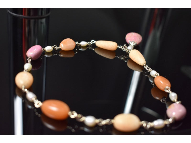 925 Sterling Silver Rose Quartz, Yellow Agate and Orange Carnelian Necklace