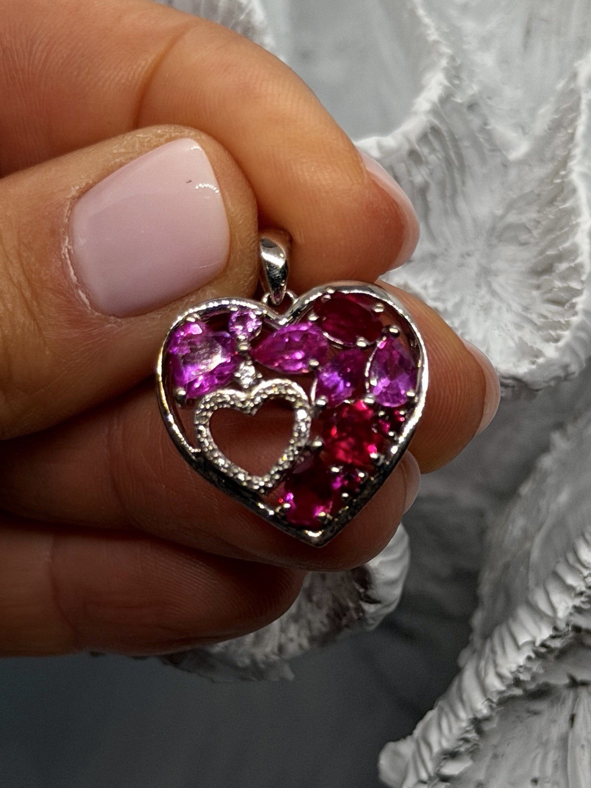 JWBR 925 Sterling Silver Pink Red White Topaz Stone Heart Pendant