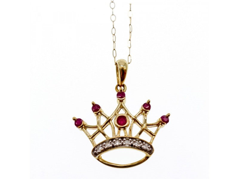 10K Yellow Gold Rubies & Diamonds Crown Chain With Pendant