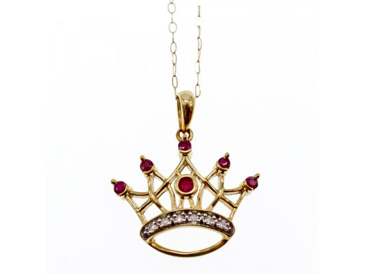 10K Yellow Gold Rubies & Diamonds Crown Chain With Pendant