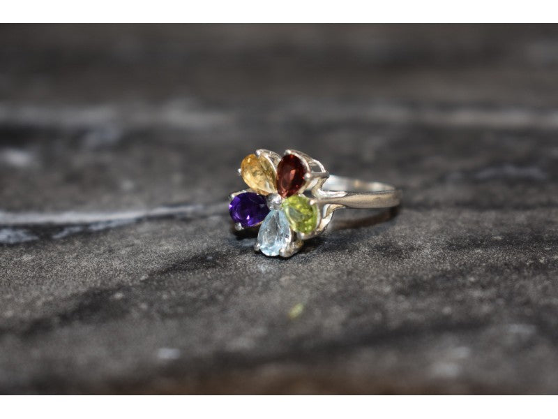 925 Sterling Silver Multi Gemstones "Flower" Ring Size 6.5