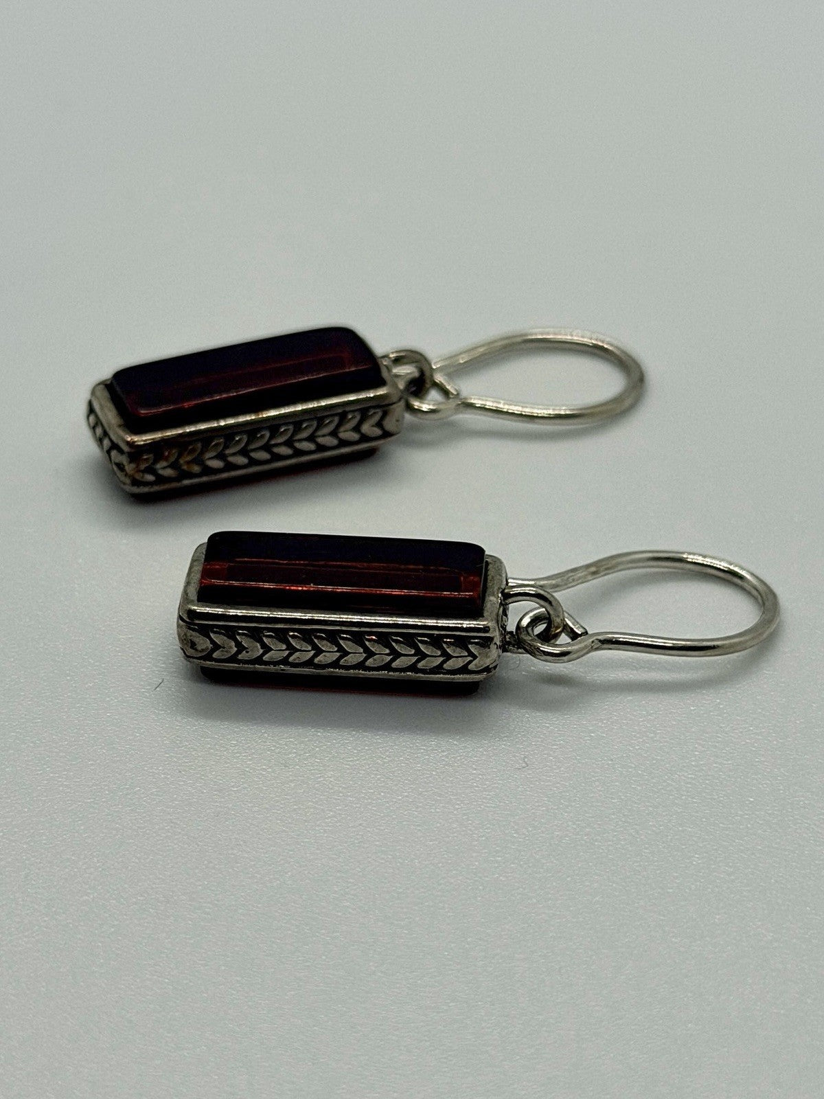 Vintage 925 Sterling Silver Red Garnet Double-Sided Dangle Earrings
