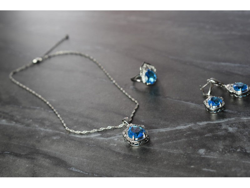 925 Sterling Silver Blue CZ ( Imitation Topaz ) SET