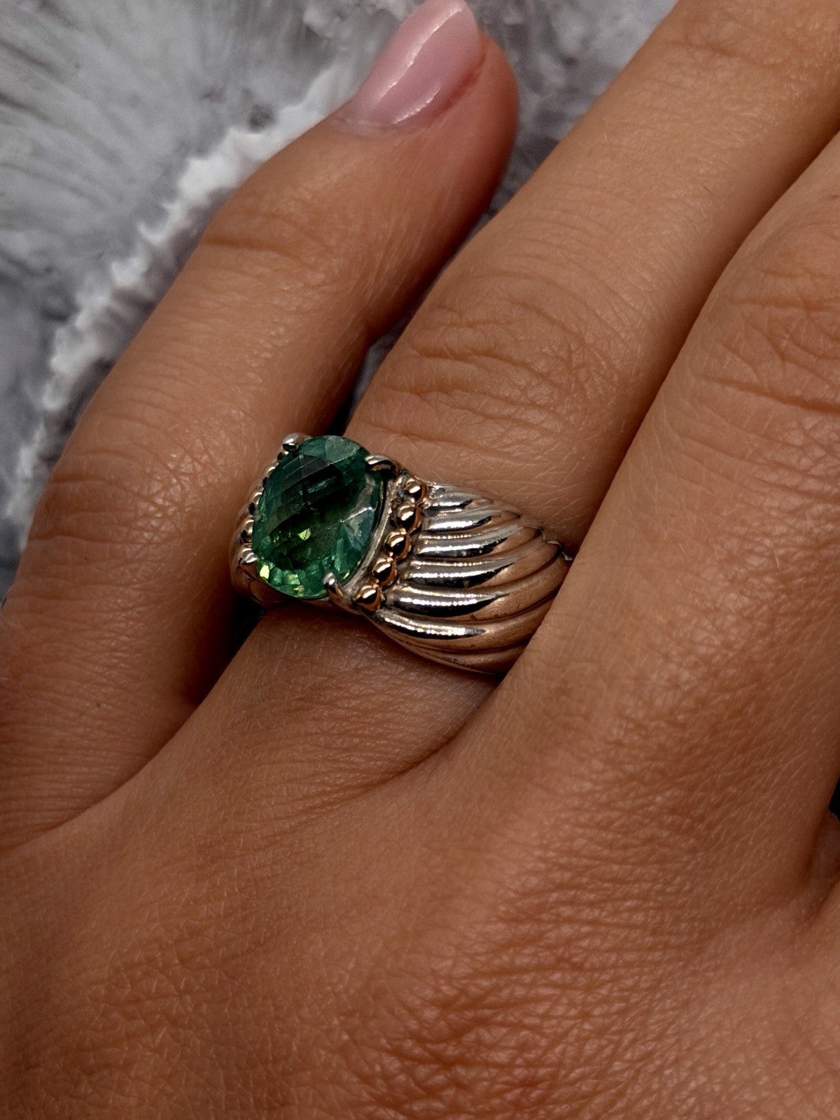 925 Sterling Silver & 14K Yellow Gold Accent Emerald Ring Size 7