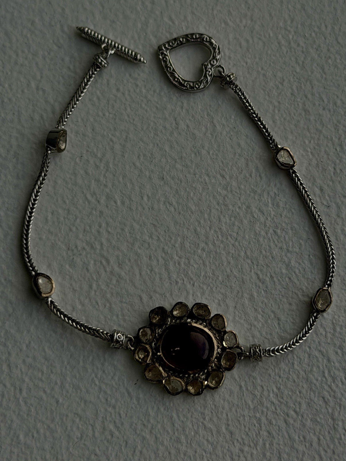 Antique Djoy 925 Sterling Silver Ruby & Beryl Flower Heart Bracelet 7