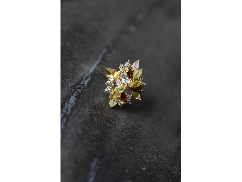 925 Sterling Silver Gold Plated Multi Gemstones Ring Size 6.5