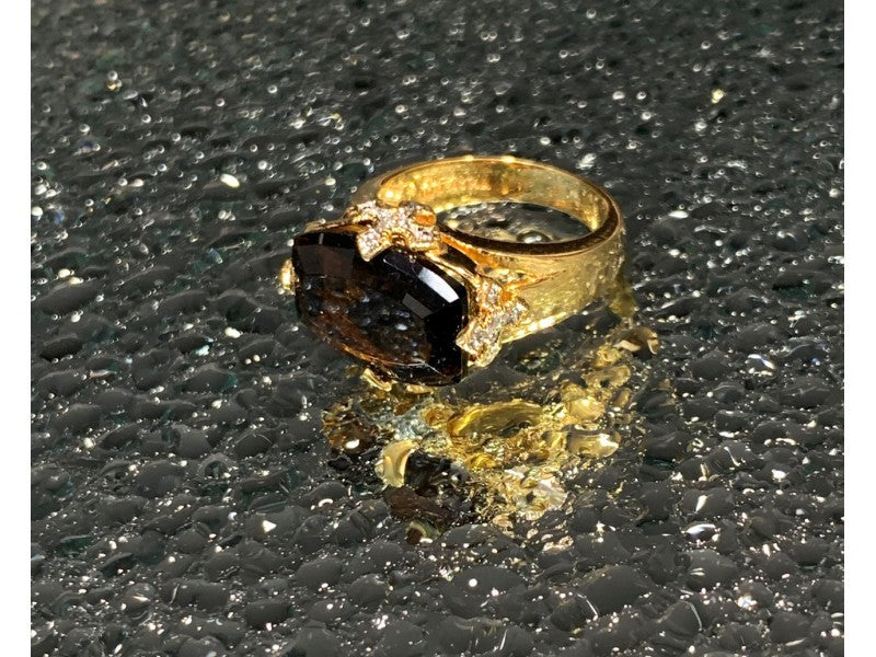 925 Sterling Silver Gold Plated Hessonite & Diamonds Ring Size 5.5