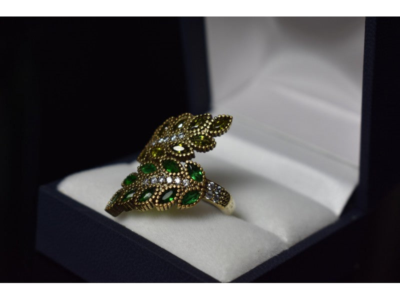 925 Sterling Silver With Gilding Green Alpanite & CZ Ring Size 8.5