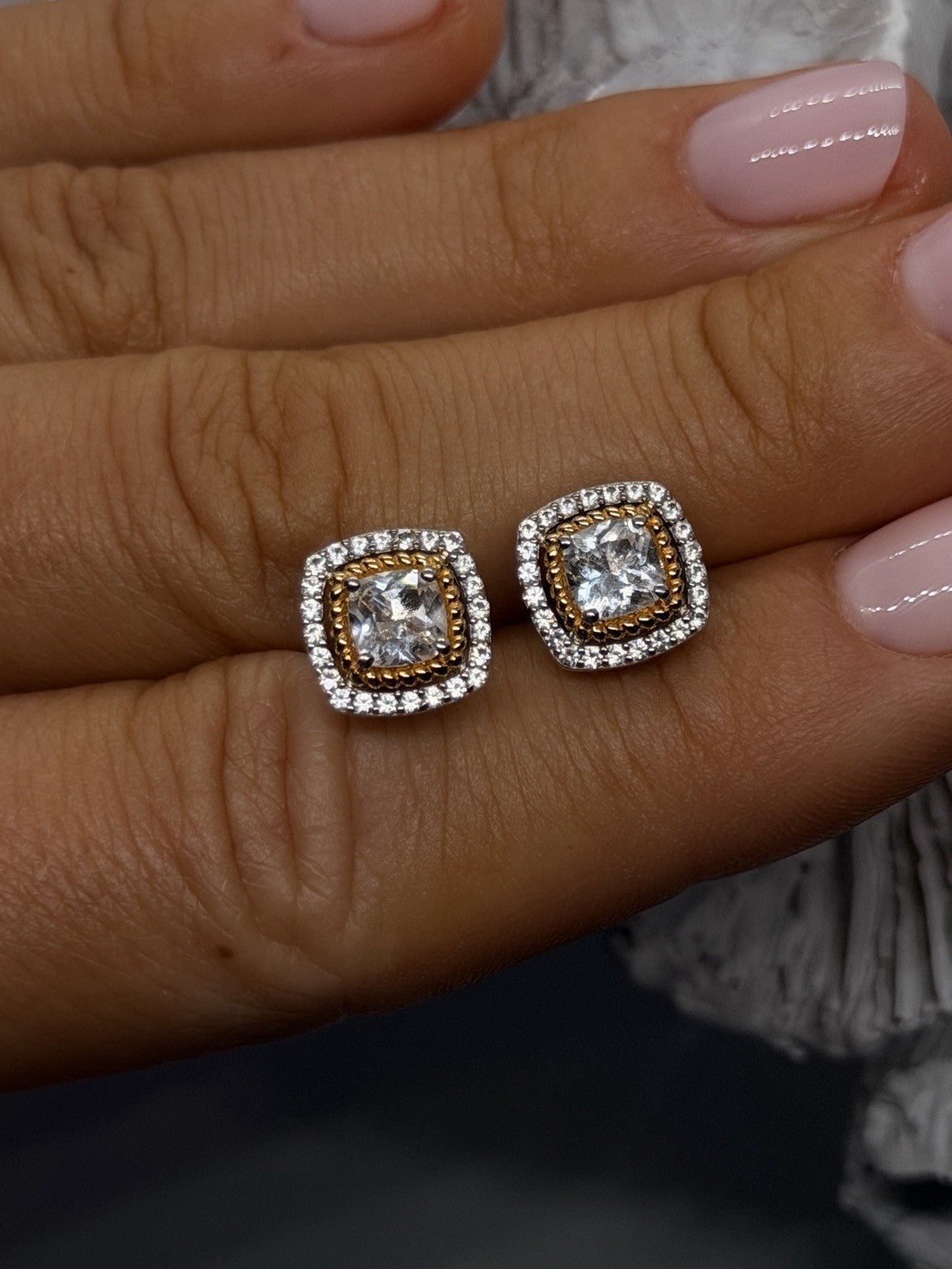925 Sterling Silver Two-Tone Cushion Cut Halo Stud Cz Earrings Gold Accent