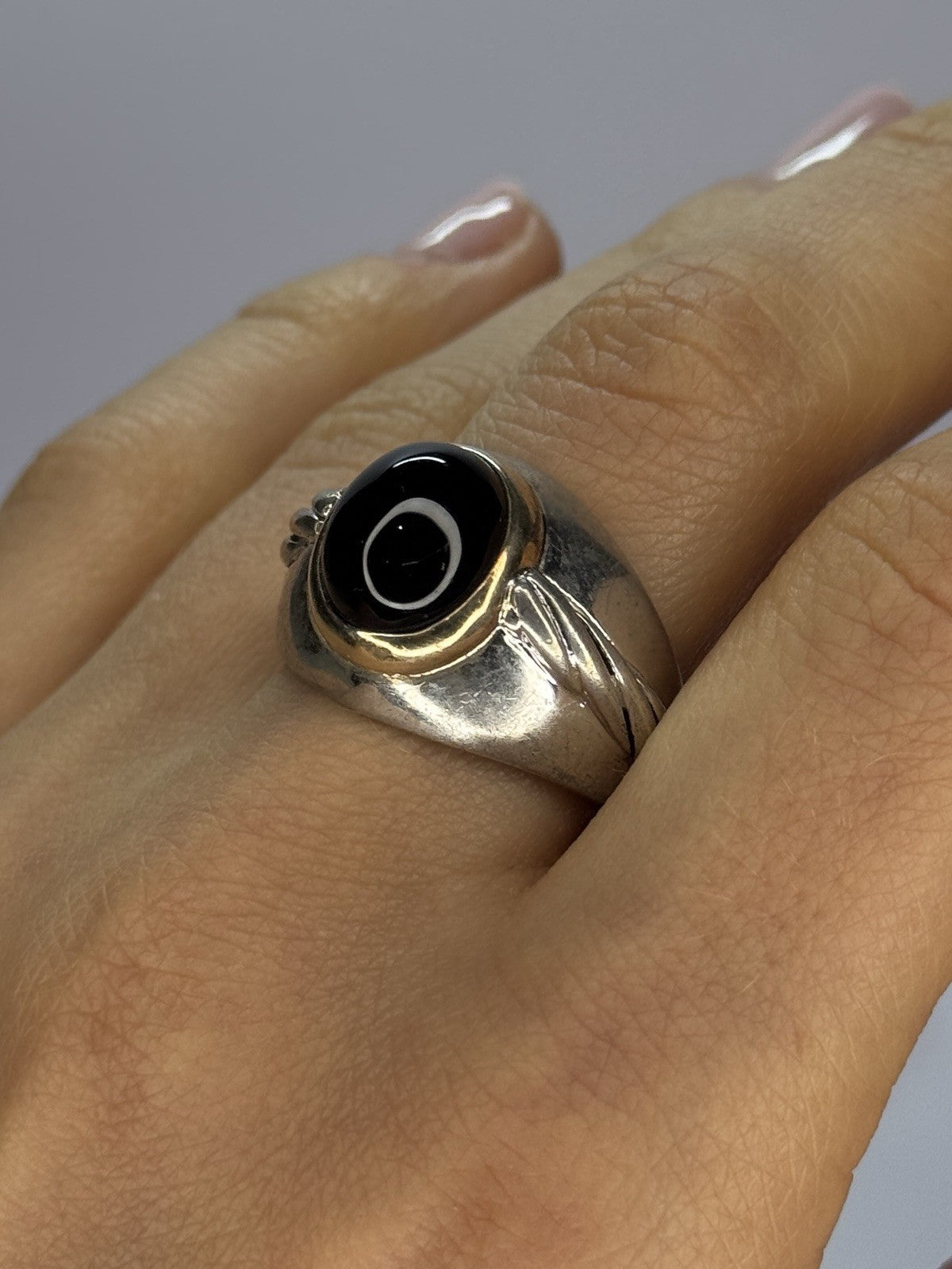 925 Sterling Silver & 14K Gold Bezel  Agate Ring Size 9.5