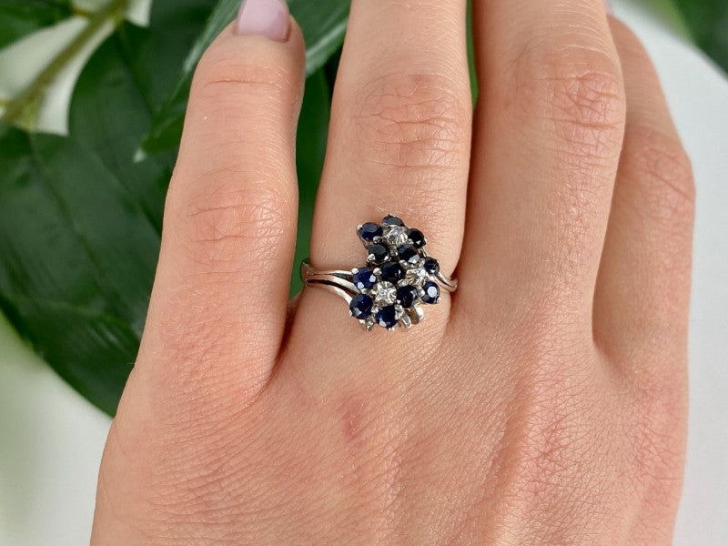 925 Sterling Silver Sapphire & CZ "Flowers" Ring Size 6.75