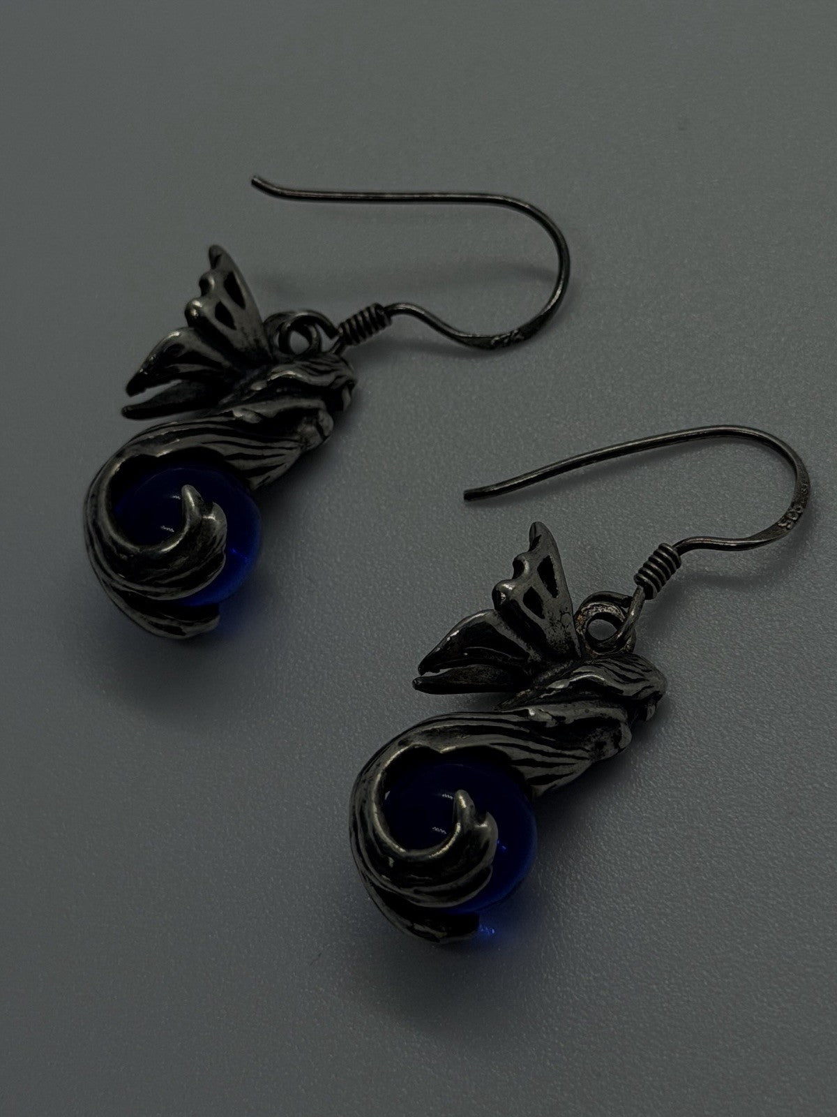 Vintage 925 Sterling Silver Fairy Blue Glass Orb Dangle Earrings Art Nouveau