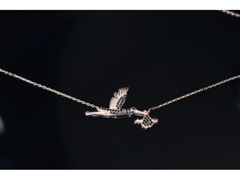 925 Sterling Silver Gold Plated Black Jade "Stork" Necklace Turkey