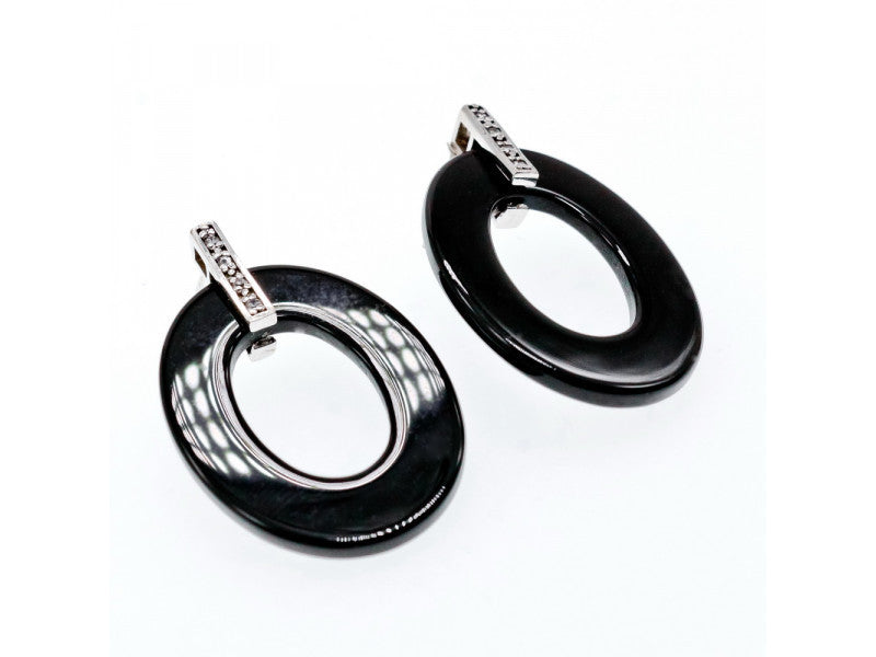 925 Sterling Silver Black Jewelry Glass & CZ Earrings