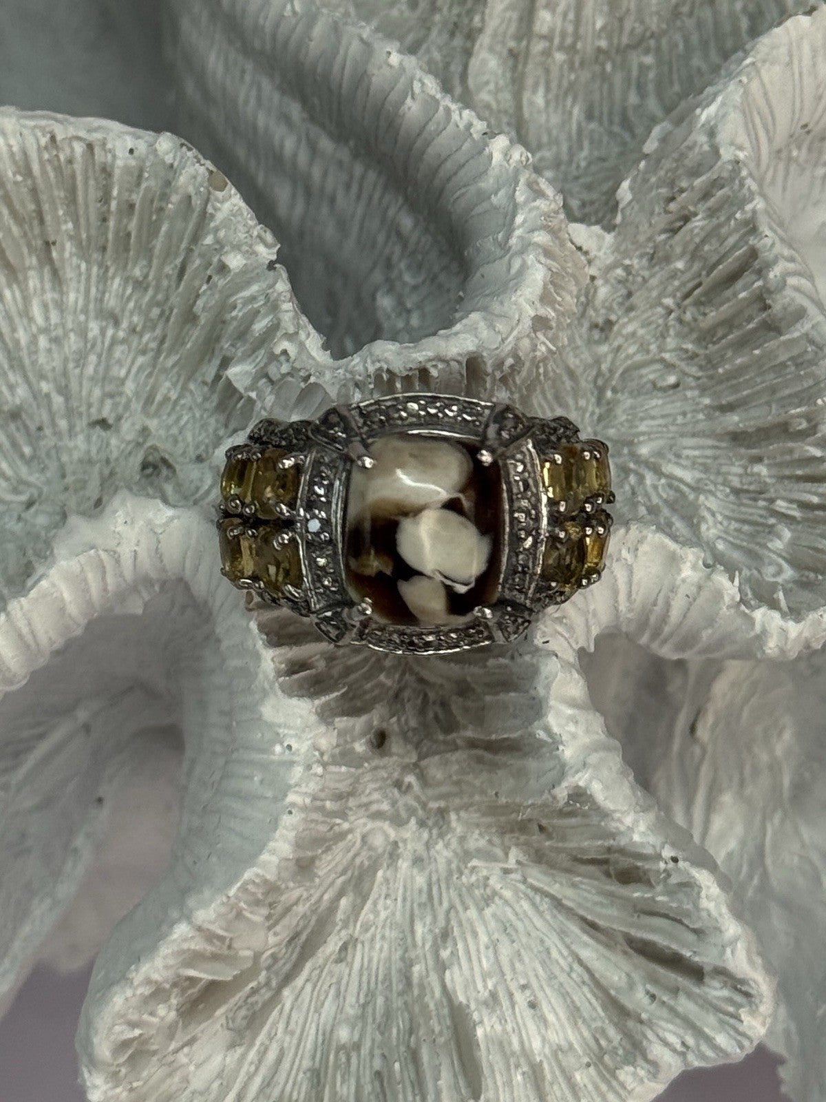 925 Sterling Silver Agate Citrine & Beryl Ring Size 6