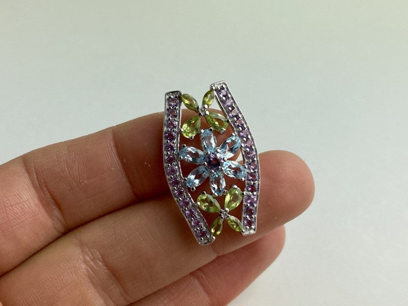 925 Sterling Silver Amethyst, Blue Spinel & Peridot Pendant