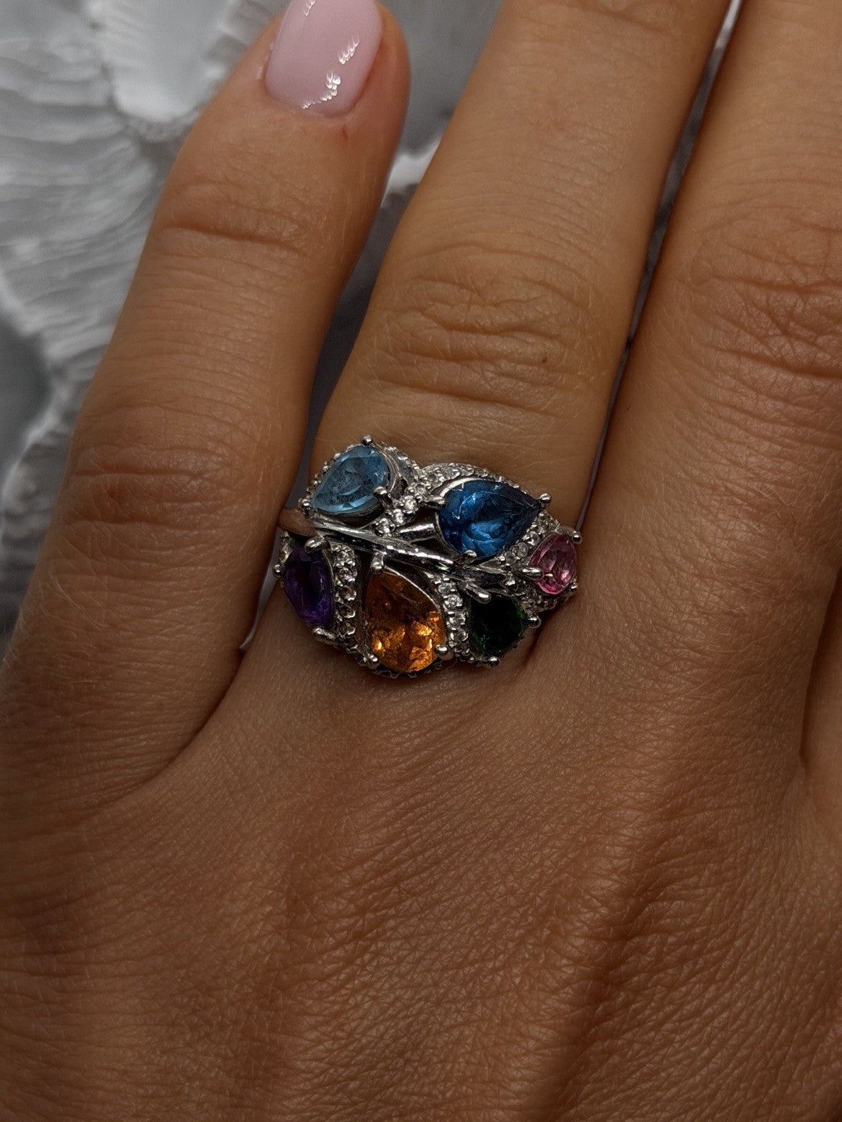 925 Sterling Silver Multi Color Tourmaline  Ring Size 6 Floral Design
