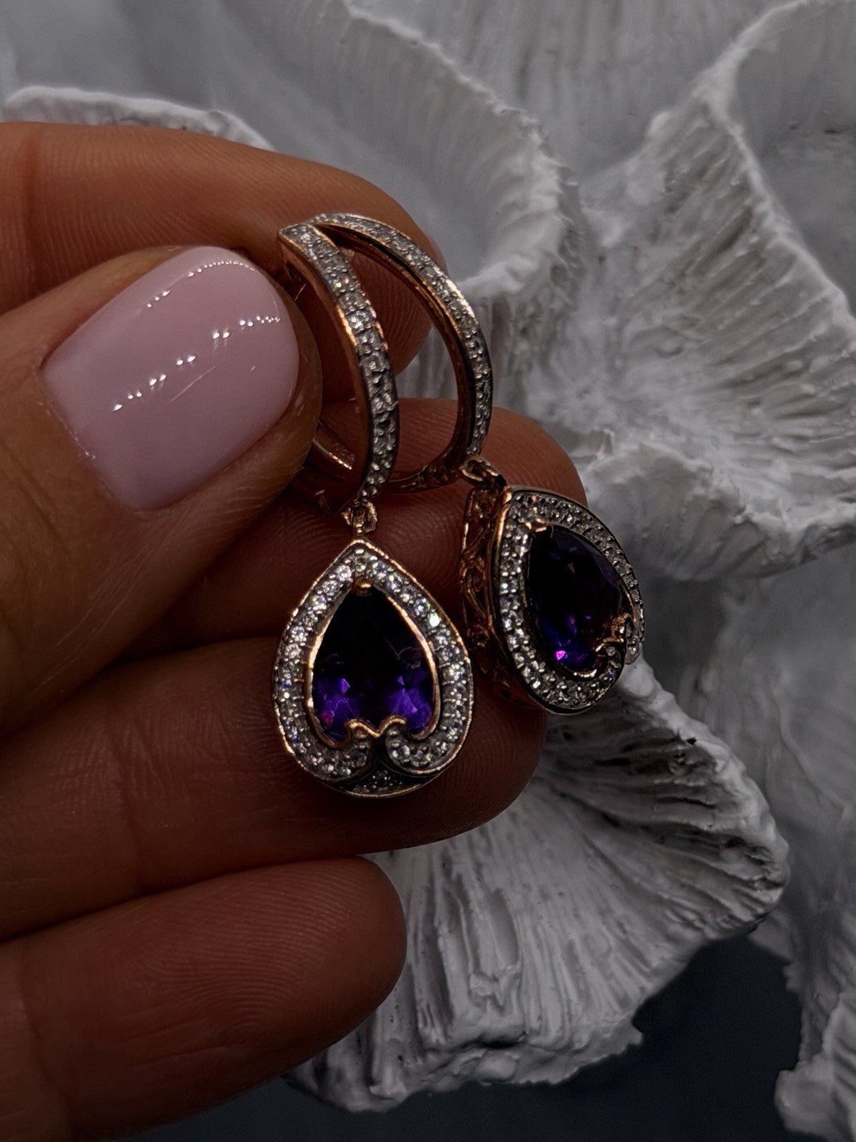 Rose Gold Plated Elegant 925 Sterling Silver Purple Amethyst & Beryl Earrings
