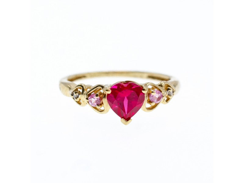 10K Yellow Gold STS Ruby Spinel & Diamond Heart Ring Size 7
